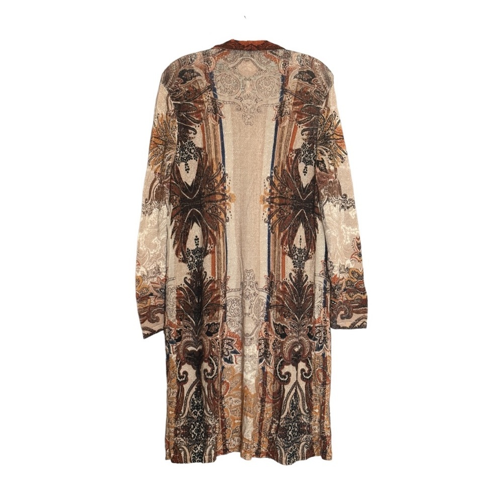 Chico’s Paisley Boho Tan Burnt Orange Open Front Duster Cardigan Size 2 (L) NWOT - Picture 3 of 7